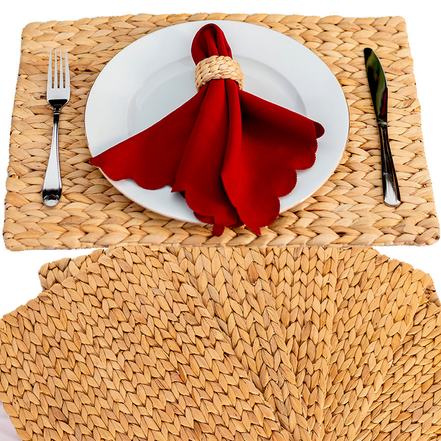 Set of 4 Rectangular Herringbone Water Hyacinth Placemats (42 × 30 cm) – Handwoven Natural Table Mats