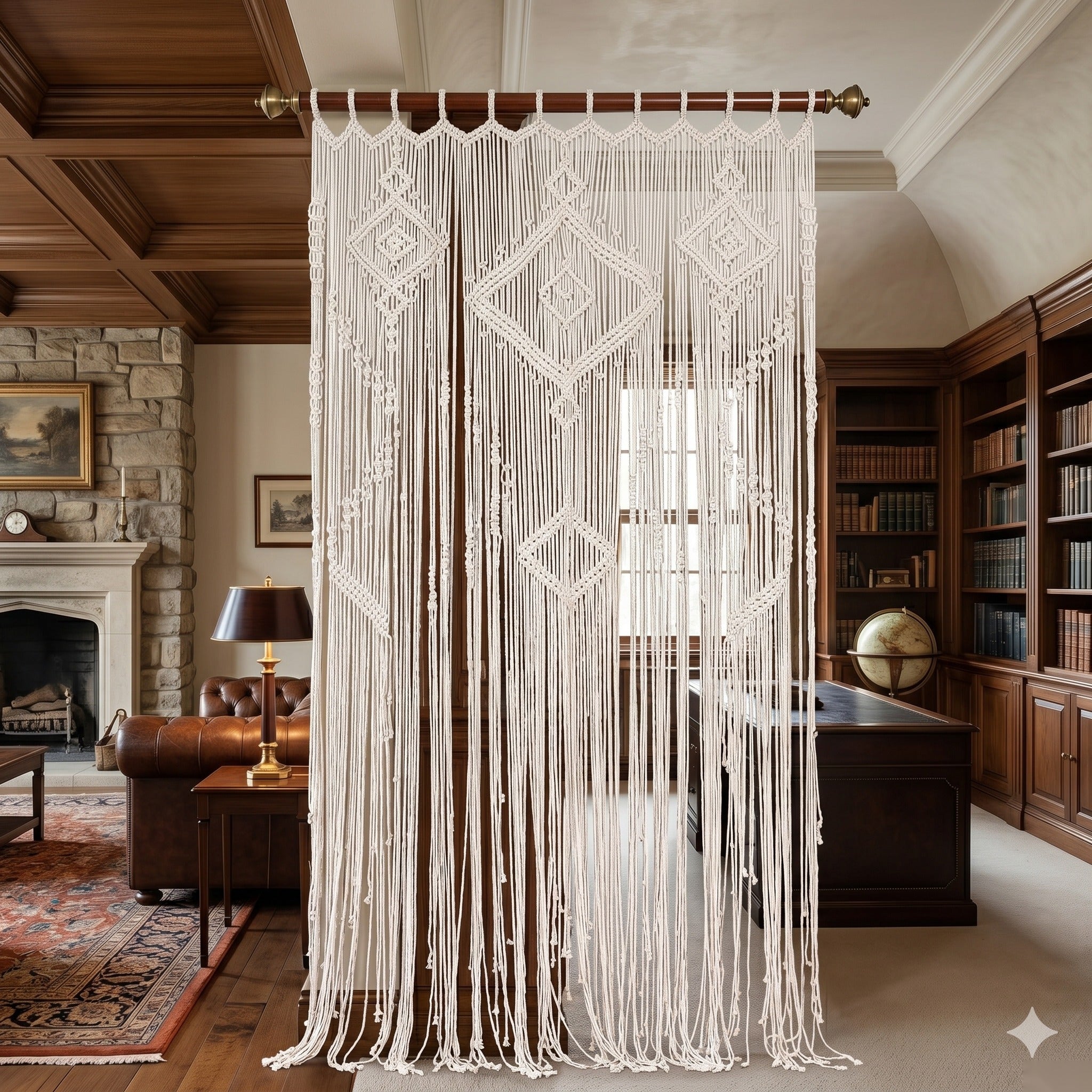Beige Picture Macrame Curtain 77×43 inches – handwoven artisan cotton curtain by eQueen Handicraft
