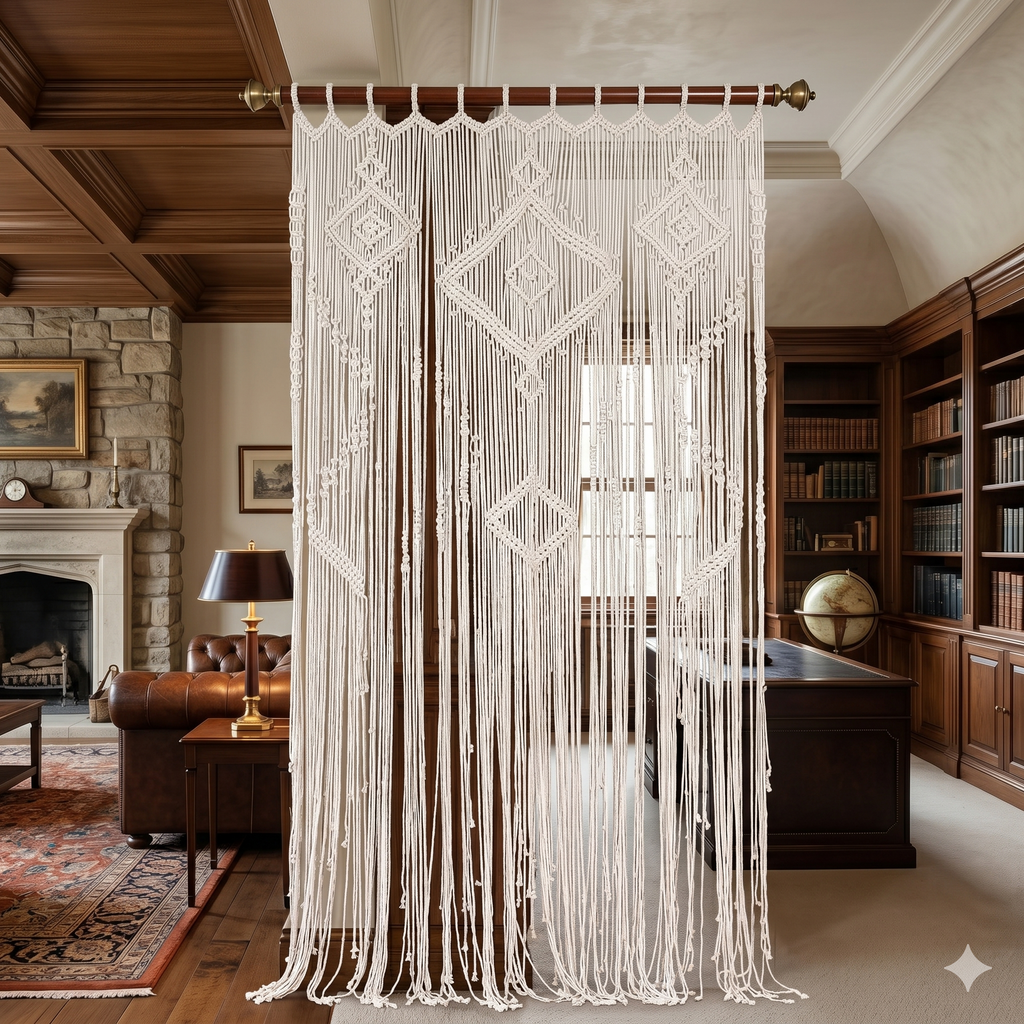 Beige Picture Macrame Curtain 77 × 43 Inches – Handcrafted Artisan Curtain for Elegant British Interiors