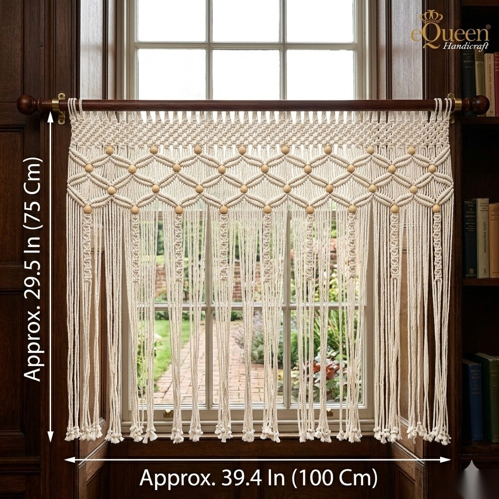 Beige Window Macrame Curtain – handwoven cotton valance for British homes by eQueen Handicraft