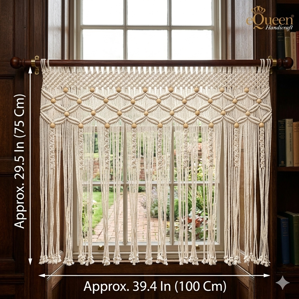 Beige Window Macrame Curtain – Handcrafted Cotton Valance Curtain for Elegant British Homes