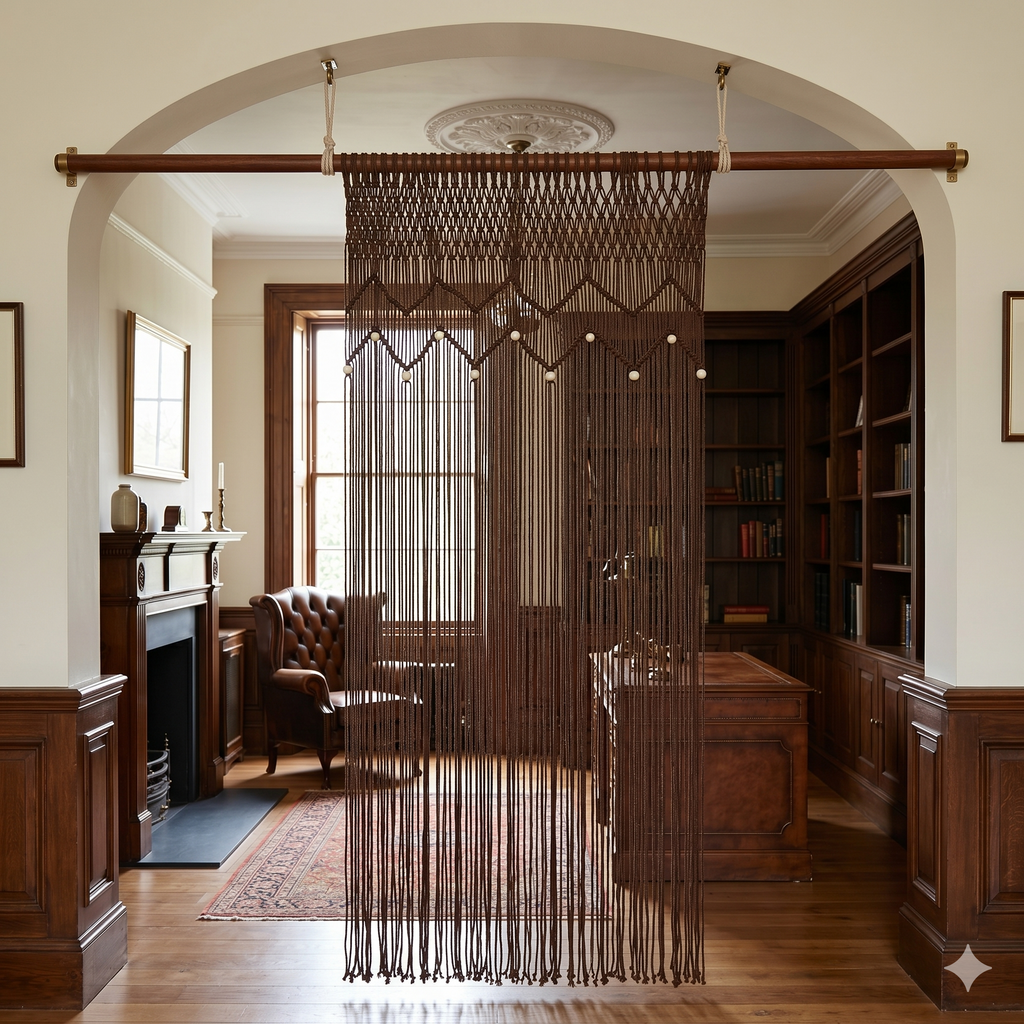 Brown Classic Net Macrame Curtain – Handcrafted Heritage Texture for Elegant British Homes
