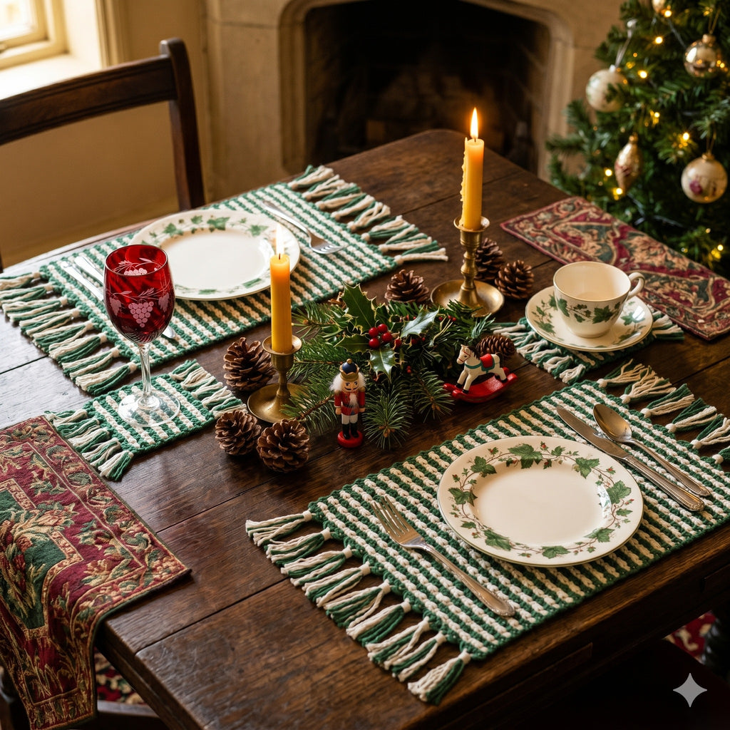 Set of 2 Christmas Macrame Placemats Green & White 30×42 cm – handmade by eQueen Handicraft