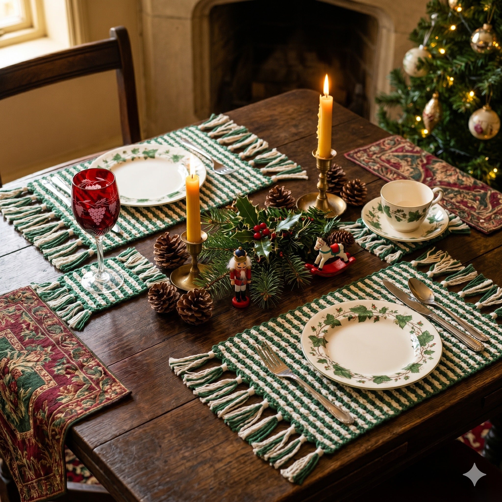 Set of 2 Christmas Macrame Placemats Green & White 30×42 cm – handmade by eQueen Handicraft