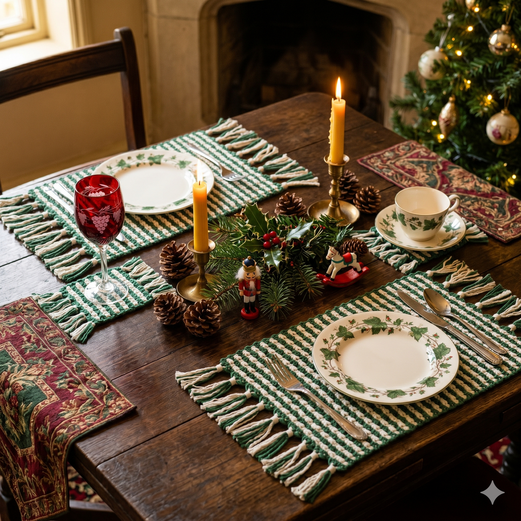 Set of 2 Christmas Macrame Placemats (Green &amp; White) – Handmade Festive Table Décor 30 × 42 cm