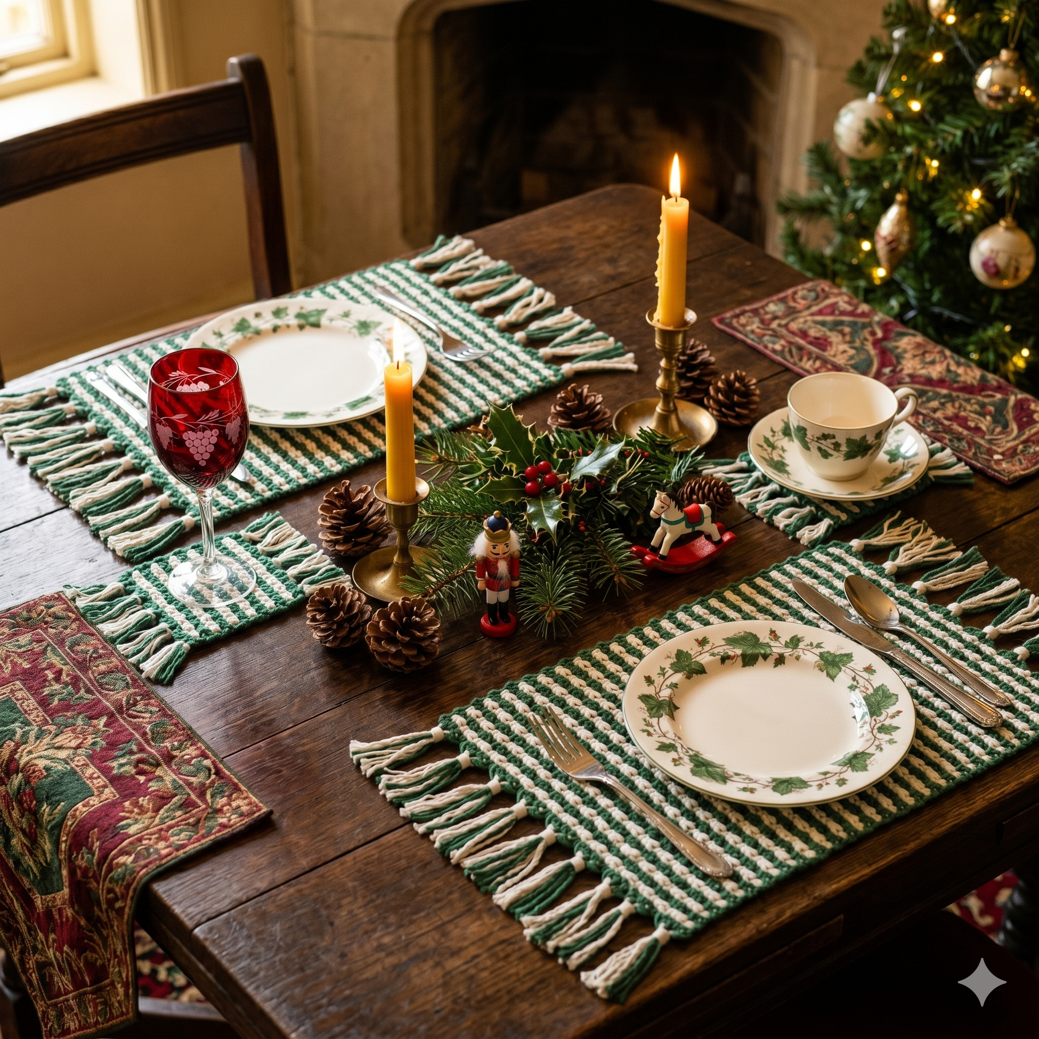 Set of 2 Christmas Macrame Placemats (Green &amp; White) – Handmade Festive Table Décor 30 × 42 cm