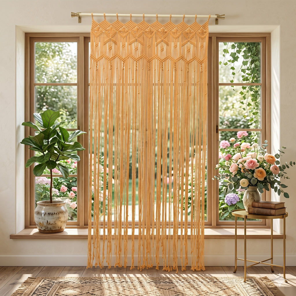 Gold Butterfly Macrame Curtain – handwoven natural cotton curtain by eQueen Handicraft