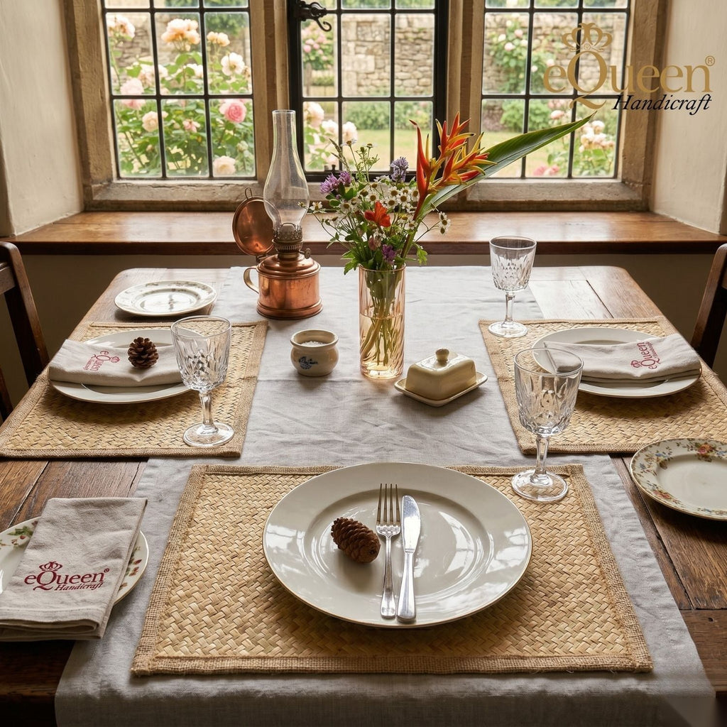 Rectangle seagrass placemat styled on natural wood dining table – eQueen Handicraft