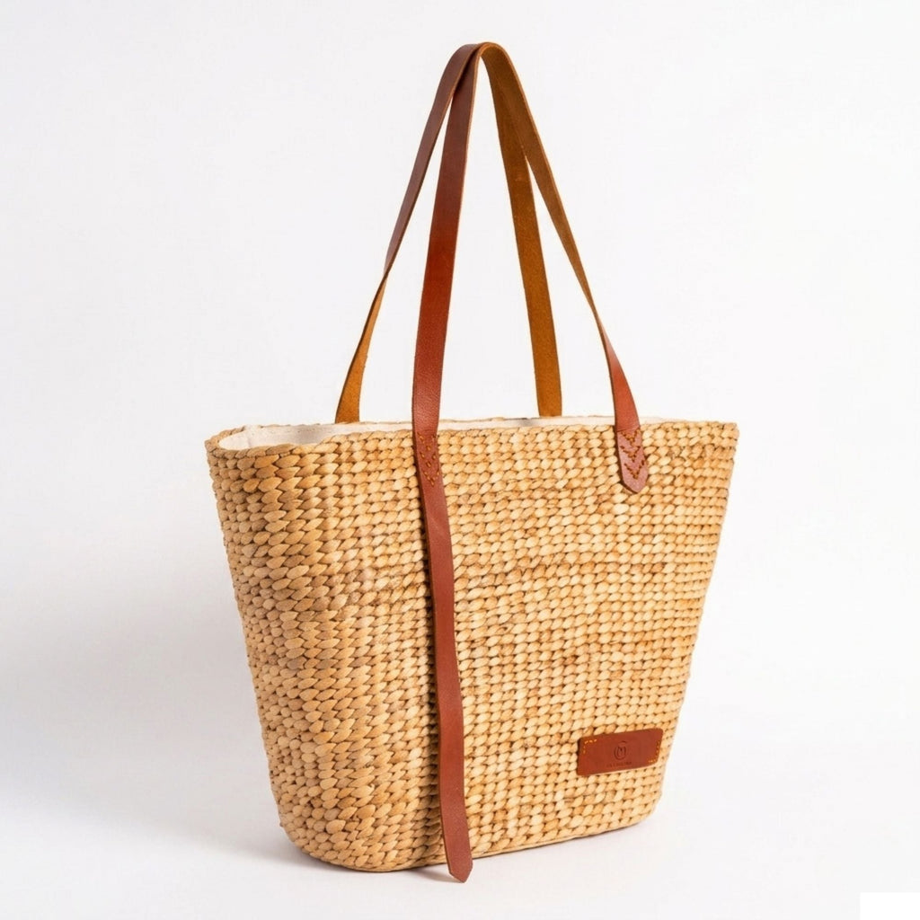 Handmade Water Hyacinth V Bag 45x15x30 cm – natural woven large straw tote by eQueen Handicraft