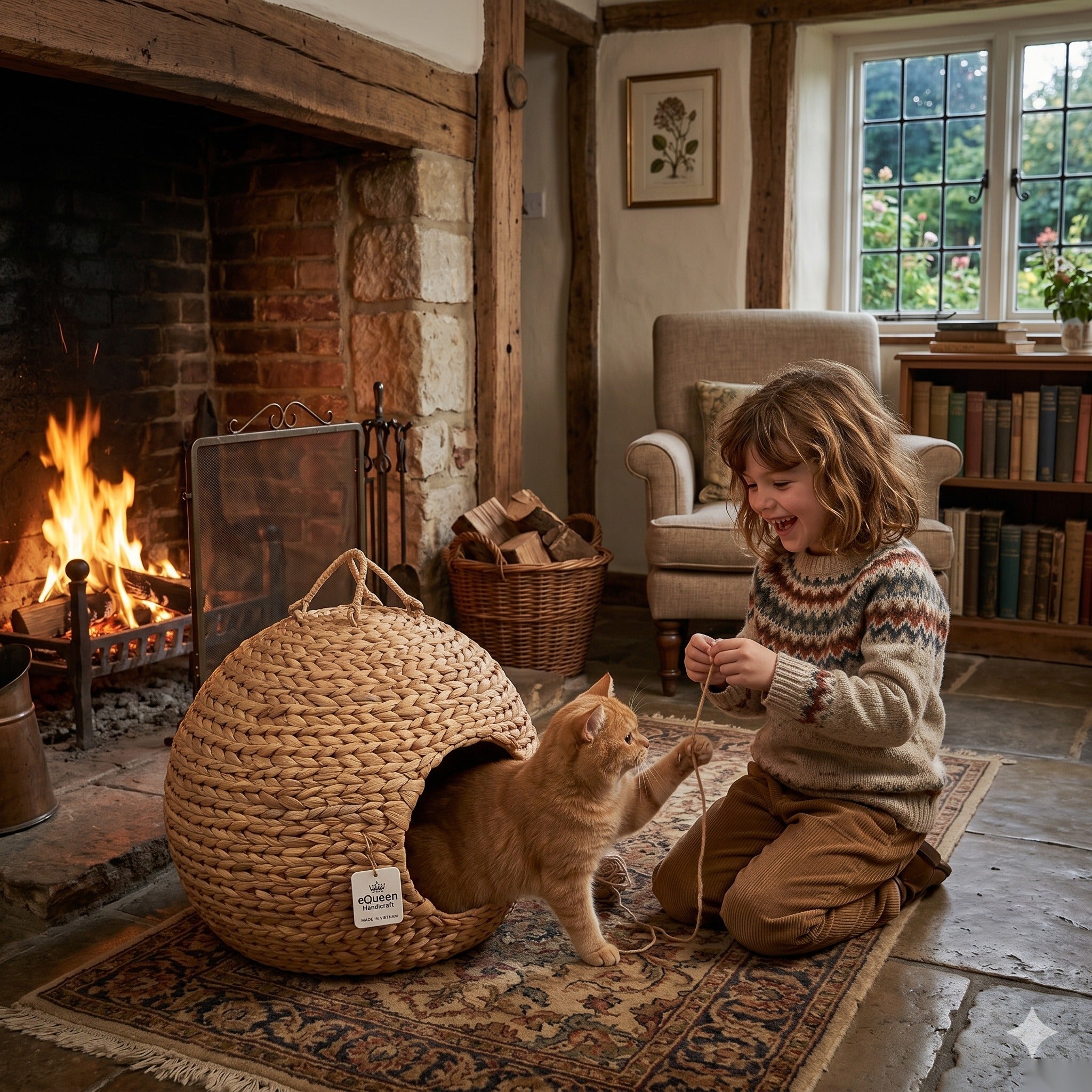Globe Water Hyacinth Cat House Ø45×H40 cm – handwoven natural pet cave by eQueen Handicraft
