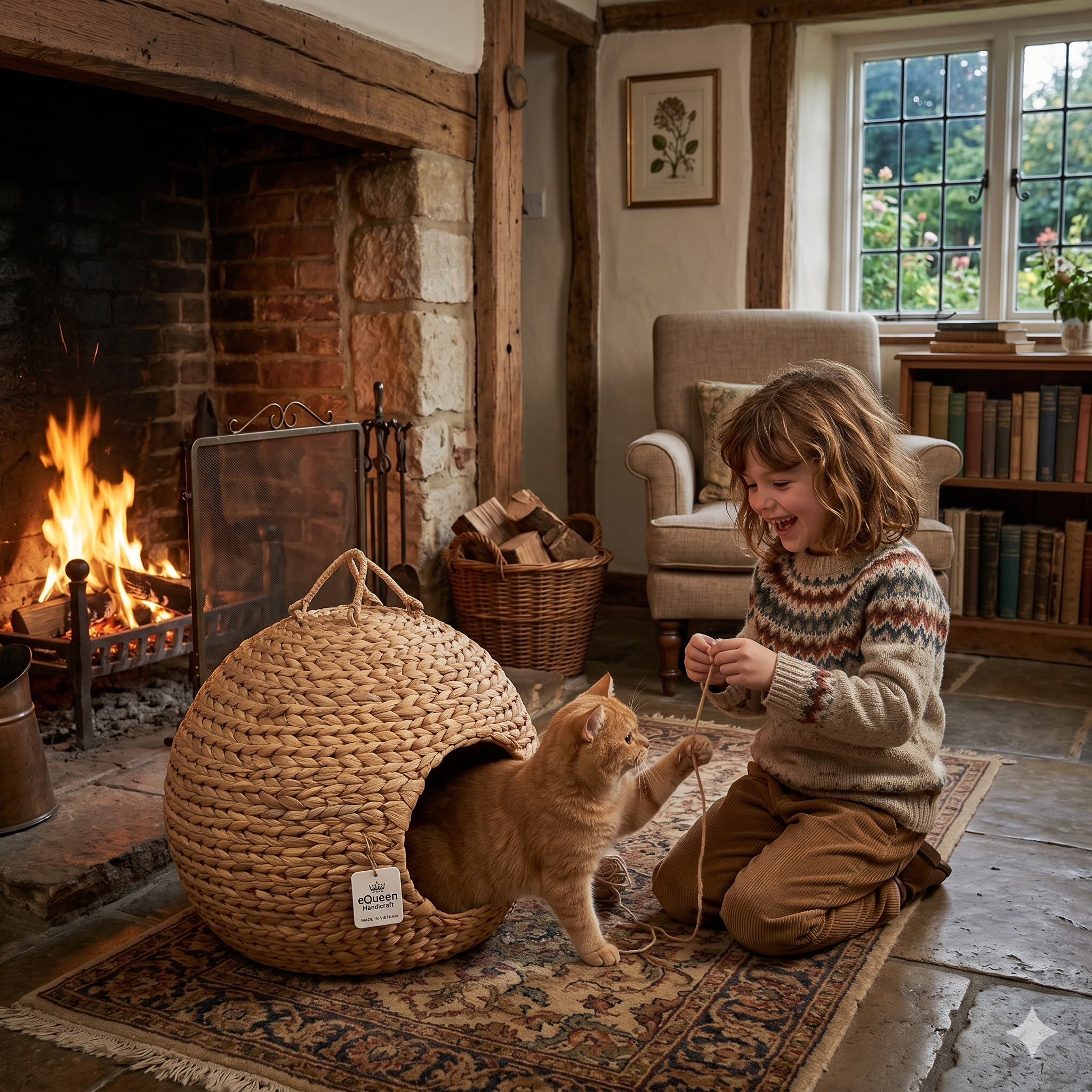 Globe Handwoven Water Hyacinth Cat House (Ø 17.7" × H 15.7") – Natural Cozy Pet Cave