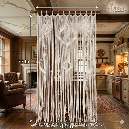 Beige Picture Macrame Curtain 77 × 43 Inches – Handcrafted Artisan Curtain for Elegant British Interiors