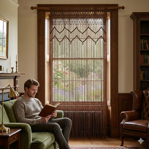 Brown classic net macrame curtain hanging in British home – eQueen Handicraft