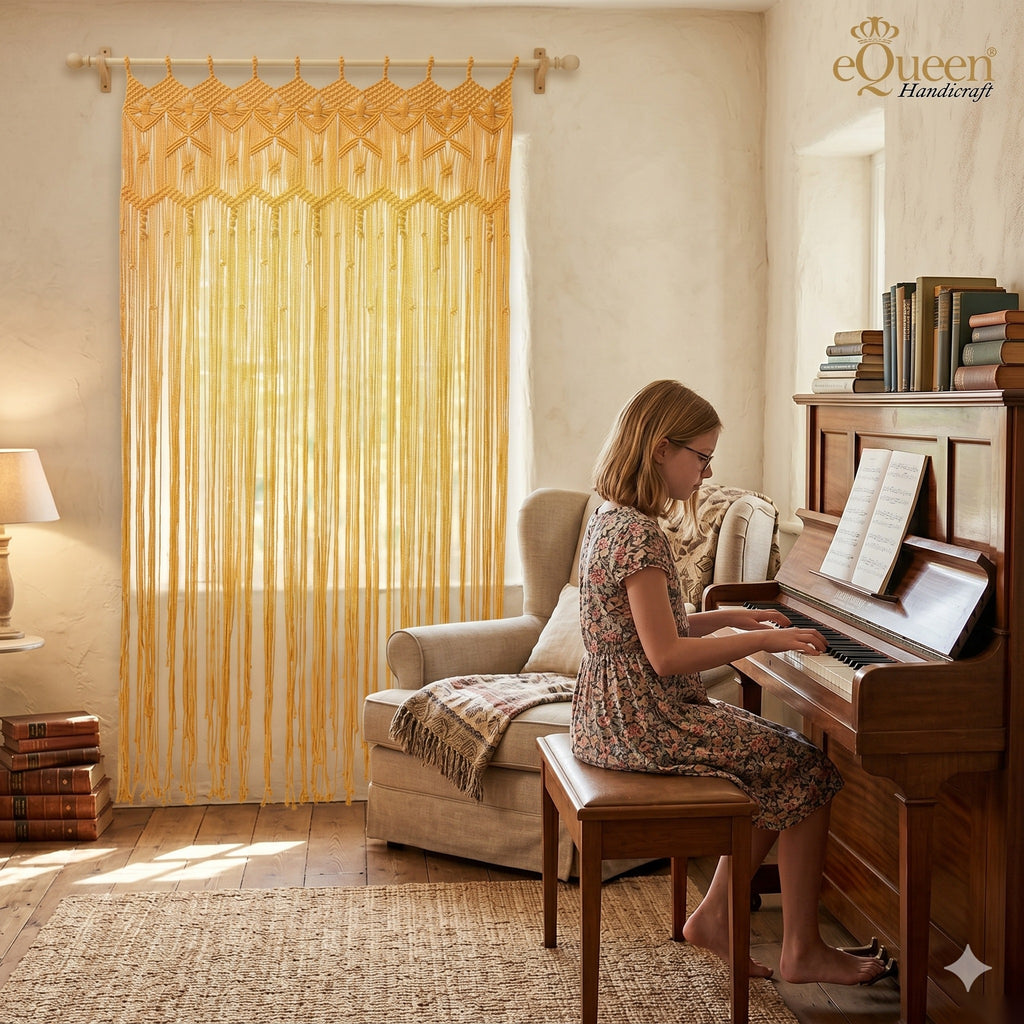 Gold butterfly macrame curtain hanging in doorway – artisan knotted décor by eQueen Handicraft