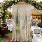 Close-up of intricate picture pattern on beige macrame curtain – eQueen Handicraft