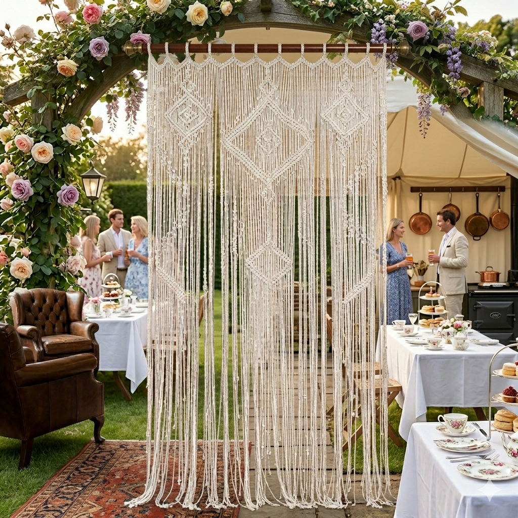 Beige Picture Macrame Curtain 77 × 43 Inches – Handcrafted Artisan Curtain for Elegant British Interiors