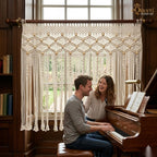 Close-up of beige macrame window curtain weave detail – eQueen Handicraft