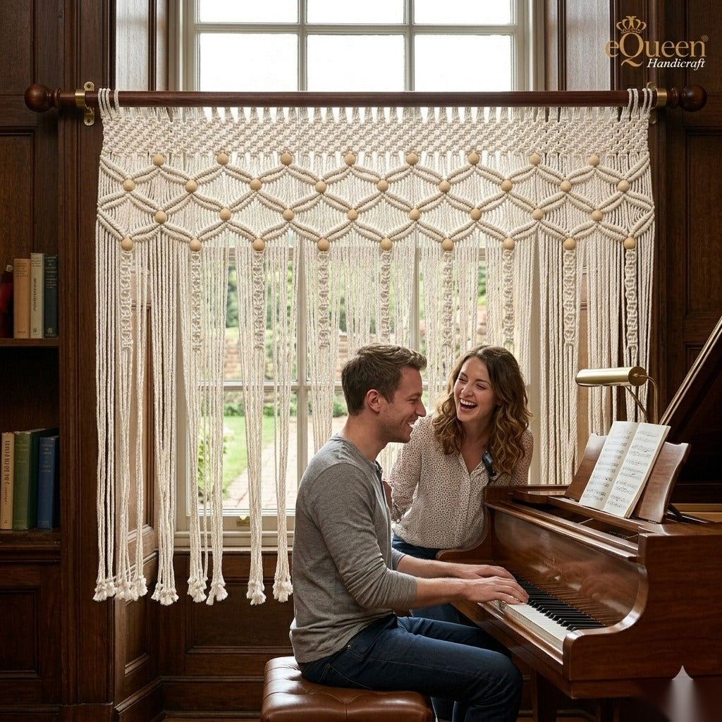 Close-up of beige macrame window curtain weave detail – eQueen Handicraft