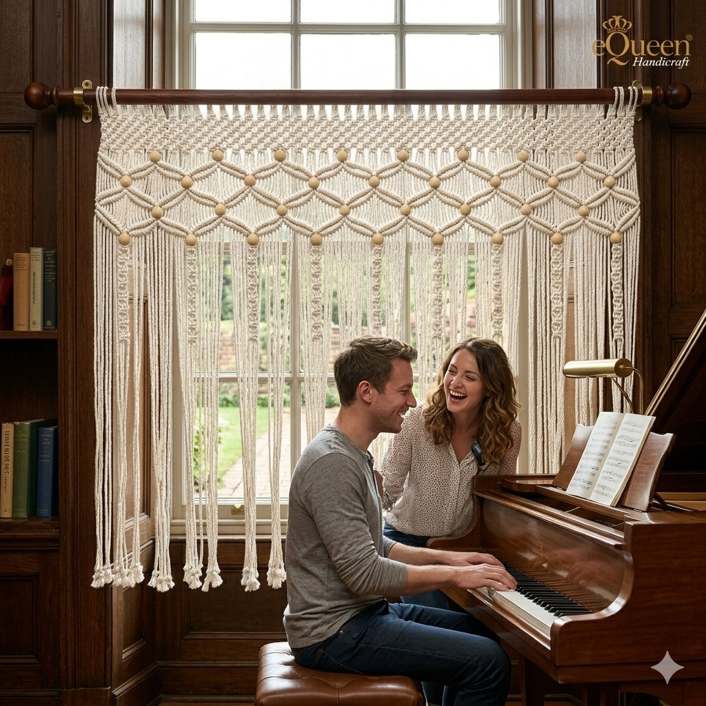 Beige Window Macrame Curtain – Handcrafted Cotton Valance Curtain for Elegant British Homes
