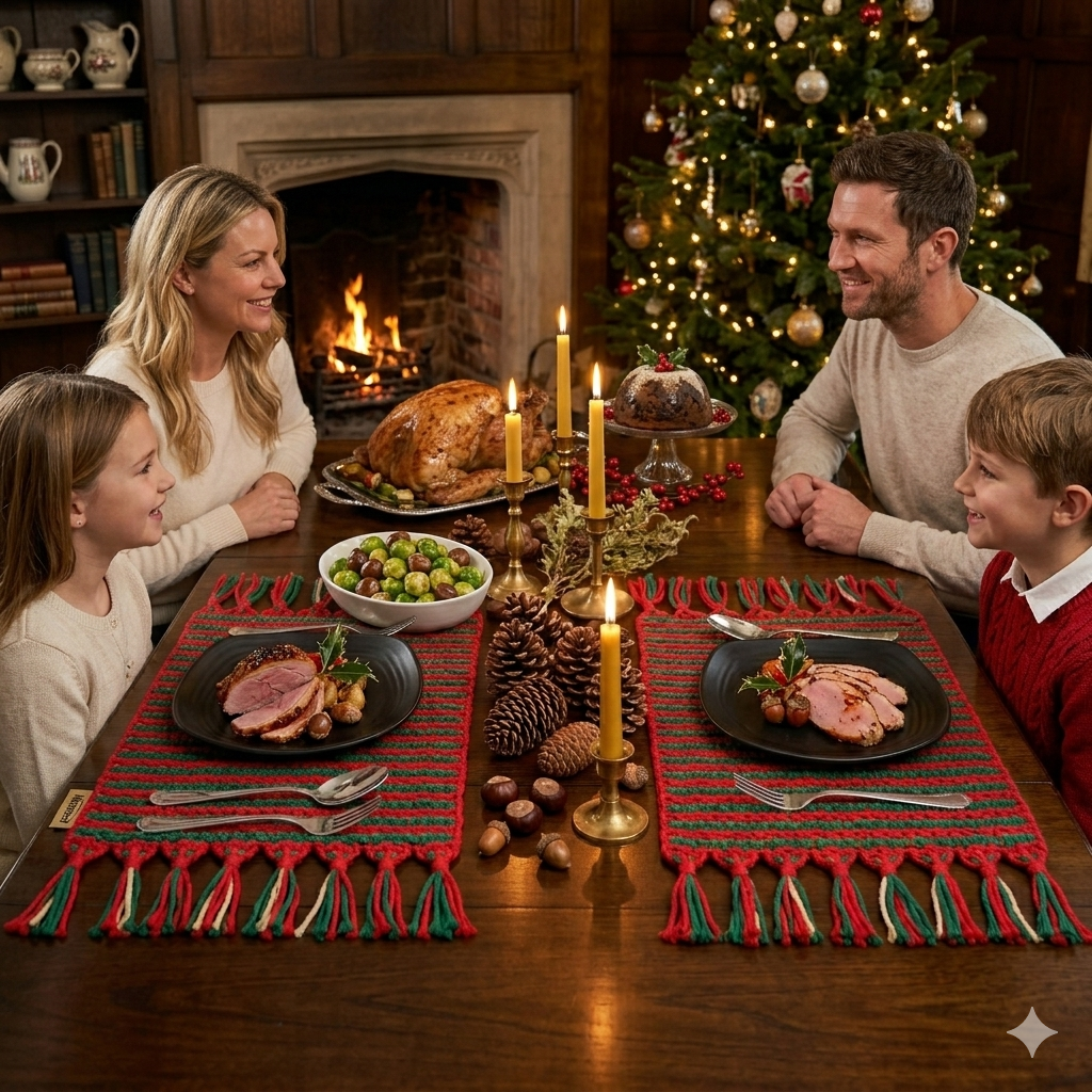 Set of 2 Christmas Macrame Placemats (Green & Red) – Handmade Festive Table Décor 30 × 42 cm
