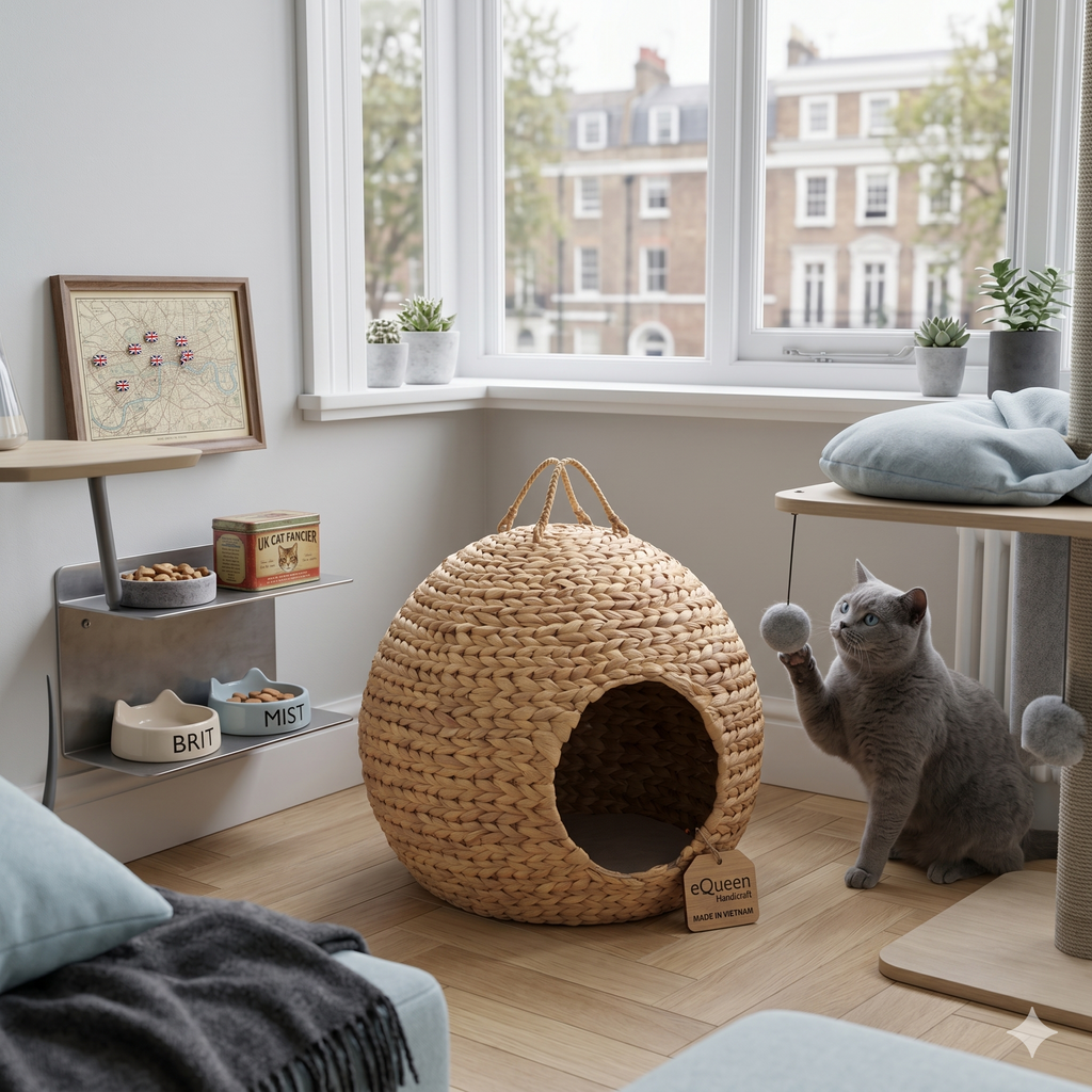 Globe Handwoven Water Hyacinth Cat House (Ø 17.7" × H 15.7") – Natural Cozy Pet Cave