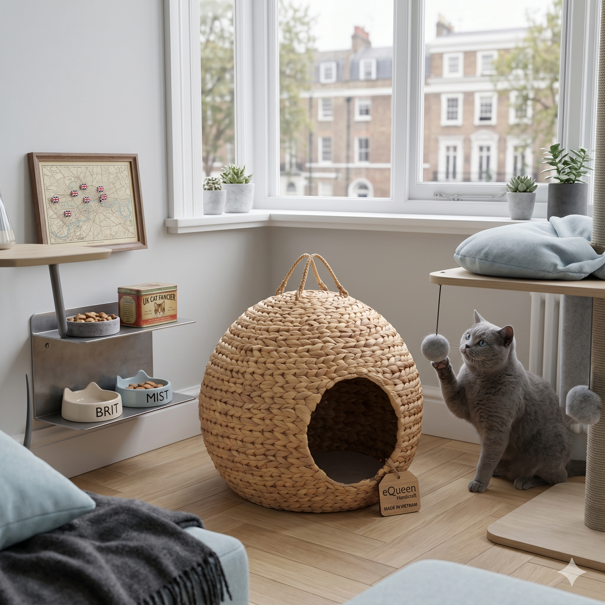 Globe Handwoven Water Hyacinth Cat House (Ø 17.7" × H 15.7") – Natural Cozy Pet Cave