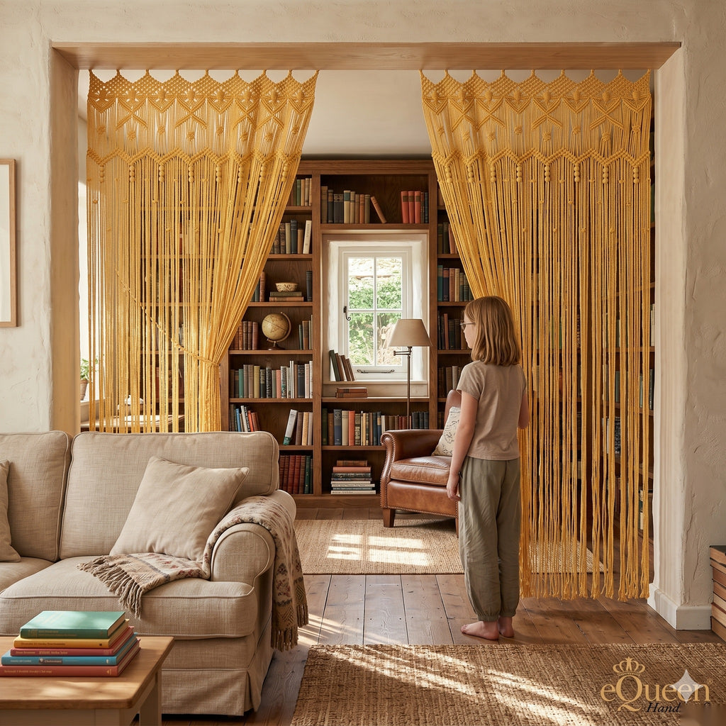 Close-up of gold butterfly knot pattern on handwoven macrame curtain – eQueen Handicraft