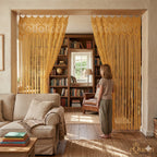 Close-up of gold butterfly knot pattern on handwoven macrame curtain – eQueen Handicraft