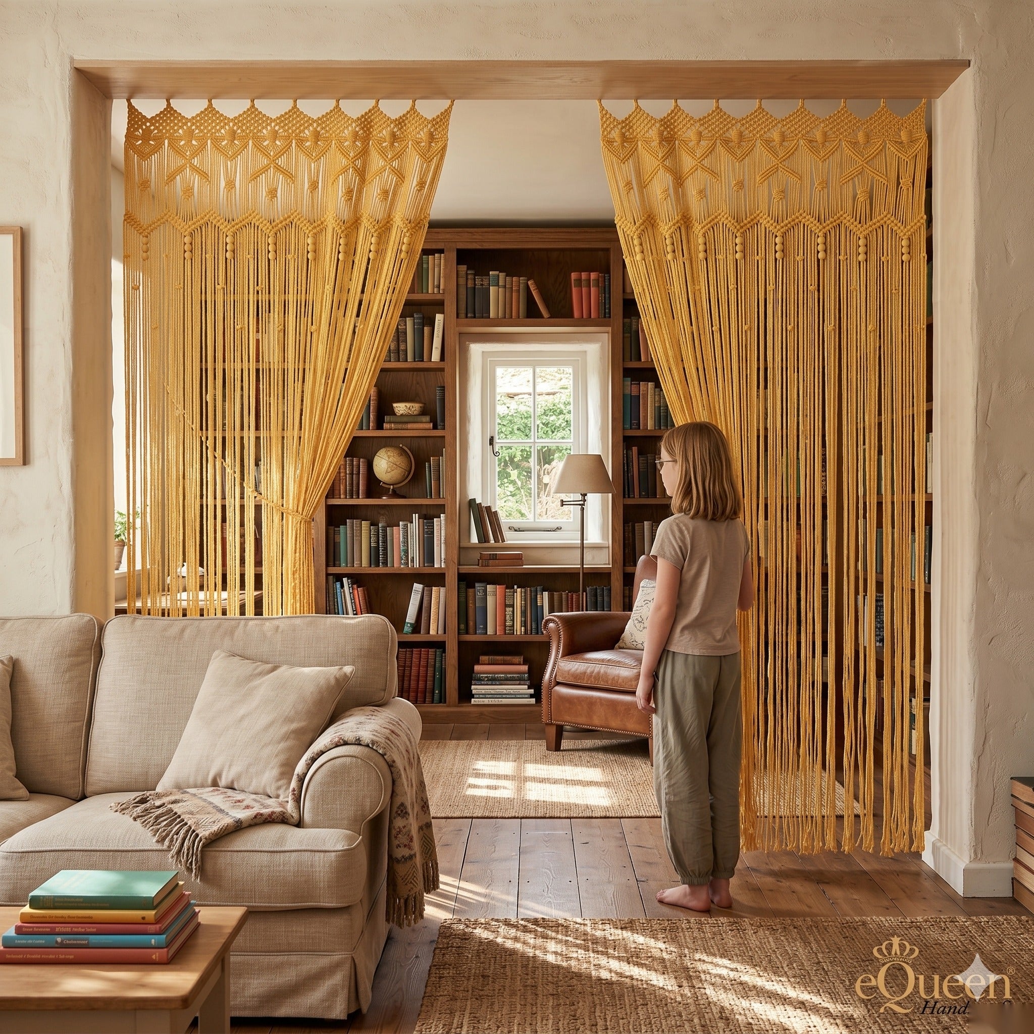 Close-up of gold butterfly knot pattern on handwoven macrame curtain – eQueen Handicraft