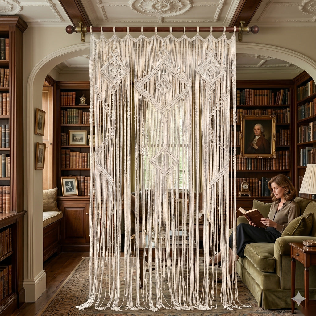 Beige macrame picture curtain as boho room divider – eQueen Handicraft