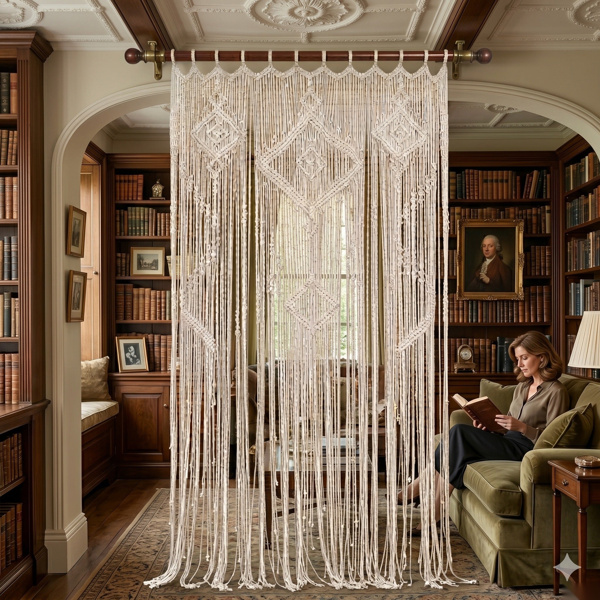 Beige macrame picture curtain as boho room divider – eQueen Handicraft