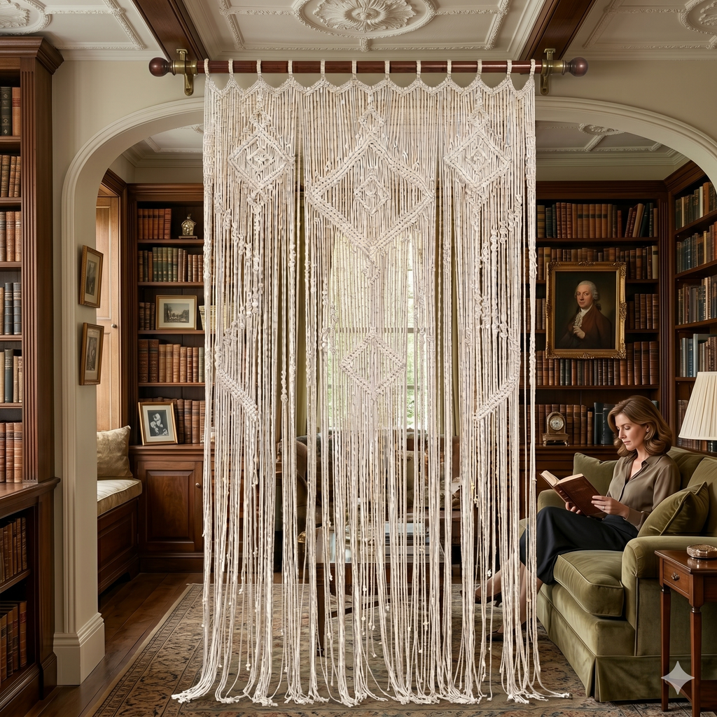 Beige Picture Macrame Curtain 77 × 43 Inches – Handcrafted Artisan Curtain for Elegant British Interiors