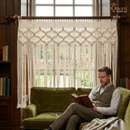 Beige macrame curtain as window valance in country-style interior – eQueen Handicraft