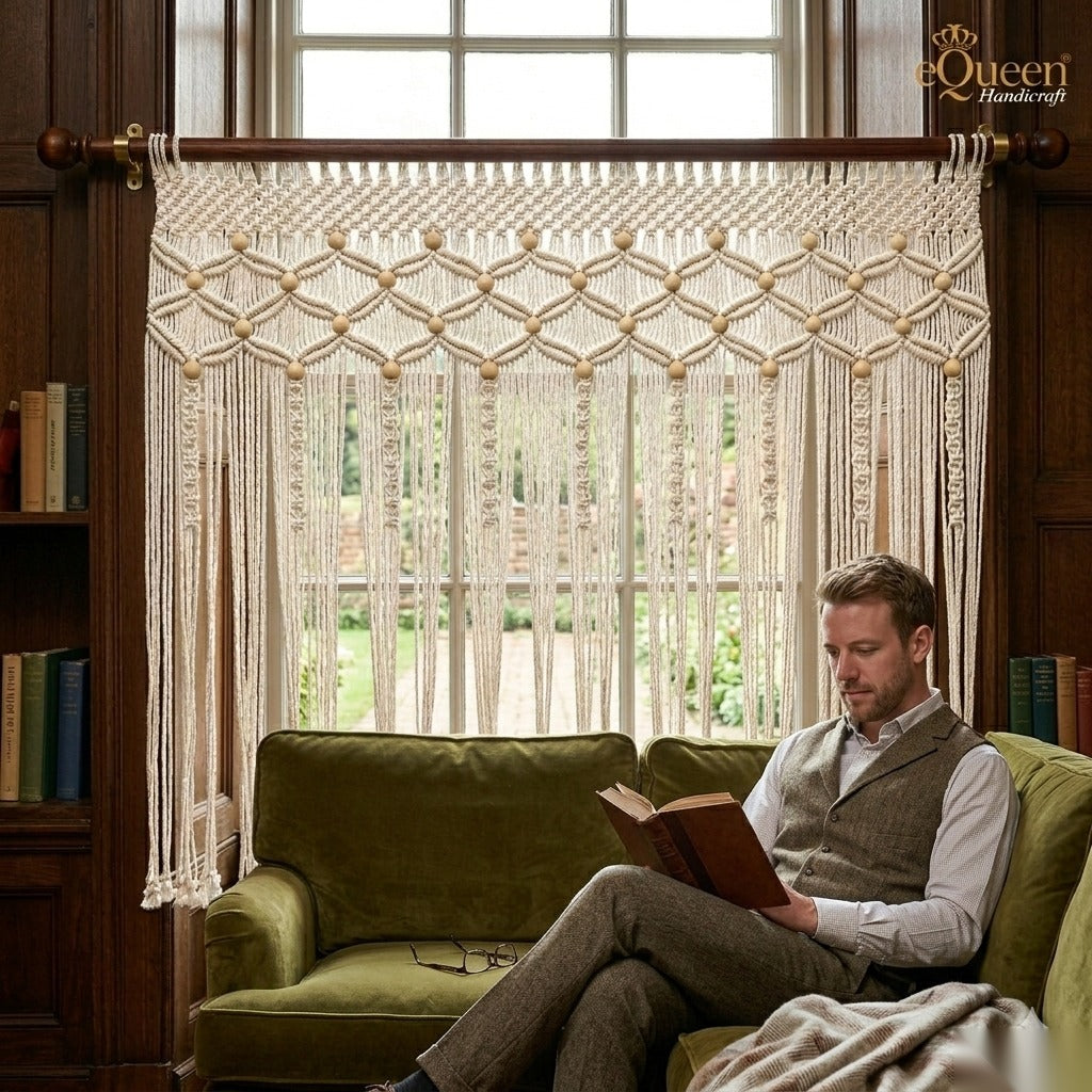 Beige macrame curtain as window valance in country-style interior – eQueen Handicraft