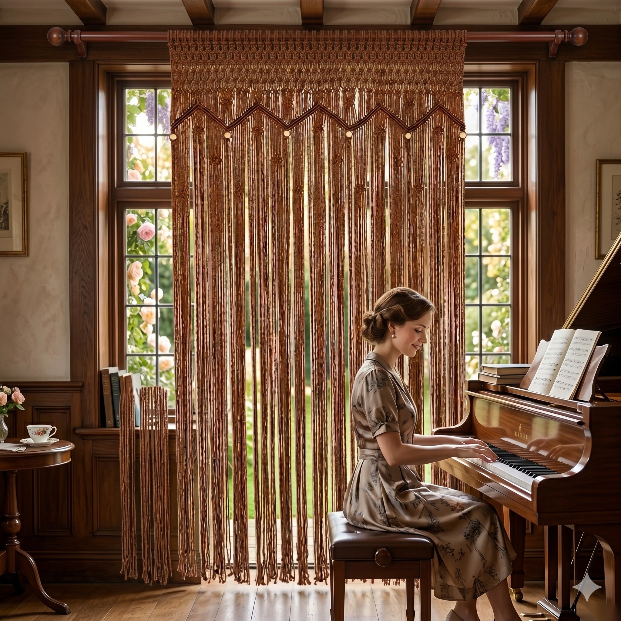 Brown macrame net curtain as boho room divider – eQueen Handicraft