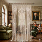 Beige macrame curtain with picture motif styled in neutral British interior – eQueen Handicraft